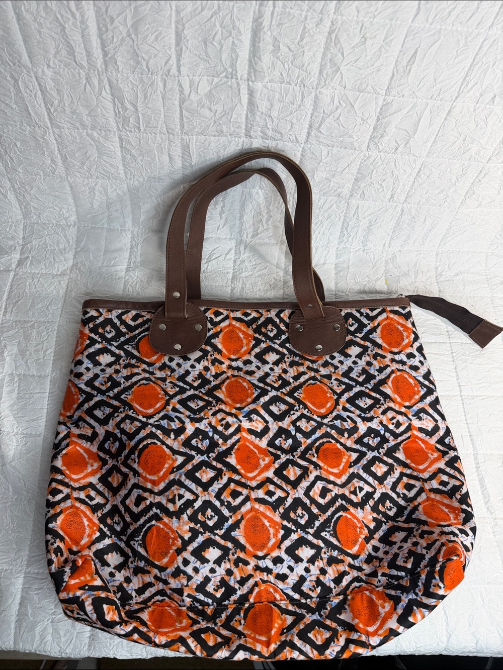 Patterned Orange & Black Tote with Brown Handles